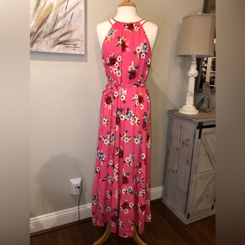 Hot pink floral halter maxi dress by LOFT. Size M. NWT